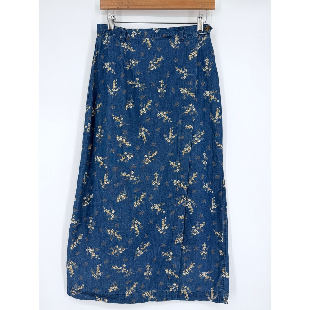 Vintage Liz Claiborne Blue Floral Wrap Denim Maxi Skirt Sz 10 Petite Prairie 90s